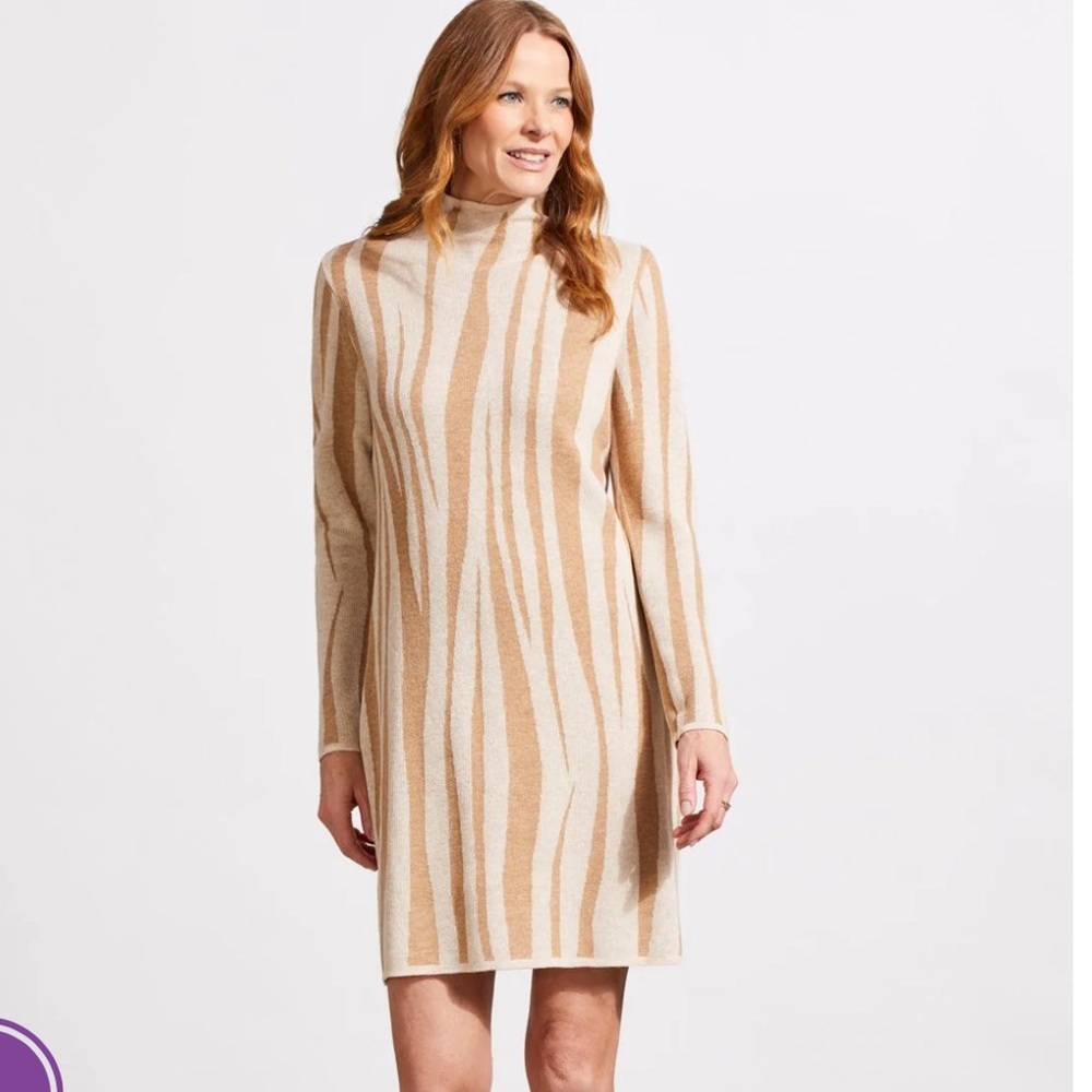 Tribal jeans Fannie Funnel Neck Jacquard Sweater Dress in Beige